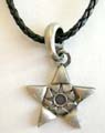 Fashion necklace with black twisted imitation leather string holding a Celtic star metal pendant at center