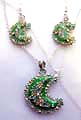Fashion necklace and earring set, chain necklace holding a multi mini cz embedded, green moon pendant at center, with same design fish hook earring for match up 