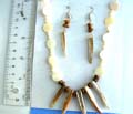 Fashion necklace and earring set, multi rounded white seashell chip forming fashion necklace with 5 spiky seashell pendant, beaded spiky seashell inlaid fish hook earring for match up