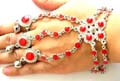 Fashion slave bracelet in double chain design with multi red imitation stone embedded flower pattern decor, 2 design randomly pick