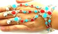 Fashion slave bracelet in double chain design with multi red and blue imitation stone embedded flower pattern decor
