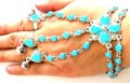 Fashion slave bracelet in double chain design with multi blue imitation stone embedded flower or cross pattern decor, 2 design randomly pick 