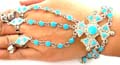 Fashion slave bracelet in double chain design with multi light blue imitation stone embedded flower or cross pattern decor, 2 design randomly pick 
