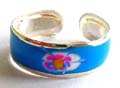 Enamel sterling silver toe ring light blue color with floral pattern decor