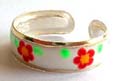 Enamel milky white color sterling silver toe ring with red flower green dot pattern decor 