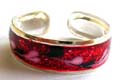 Enamel shiny red color 925. sterling silver toe ring with pinish black floral pattern decor