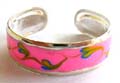 Enamel pinkish color stamped 925. sterling silver toe ring with yellow floral pattern decor