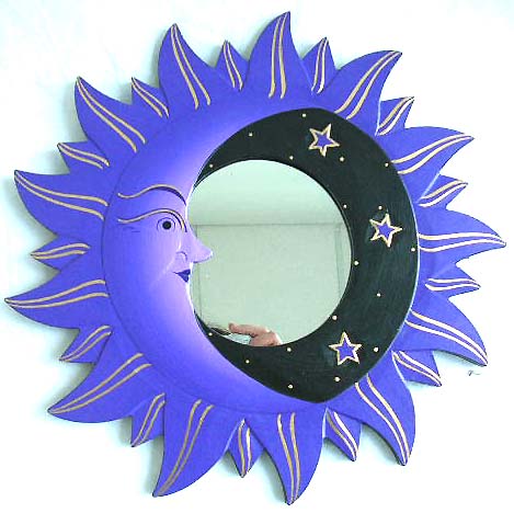 wholesale products and mirrors handmade by Balinese artist, blue moon star on black sky wooden mirror with comet edge
