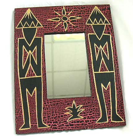 wholesale tribal art, tribal country primitive design wooden mirror with 2 black tribal man figure decor