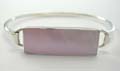925 stamped sterling silver bangle with rectangular shape pink mother of pearl seashell in middle. 