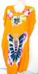Round neckline craftan thick hand painted rayon dress with pull over style and empire waist design, also a butterfly knot on front