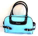 Blue leather handle purse with mini cell phone bag on each side; 1 inner 