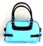 Blue leather handle purse with mini cell phone bag on each side; 1 inner 