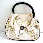 Ladies soft canvas fabric white handle handbag with golden sparkle chips curvy 