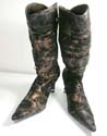 Black thigh high boots with animals skin design and belt knot on each side, zipper at the back