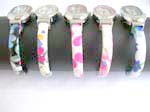 Assorted color cuff watch motif in variety oval shape design with printed flower pattern on bangle