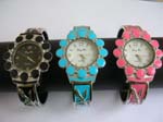 Enamel flower clock face bangle watch with leaf pattern on bangle, design in assorted color