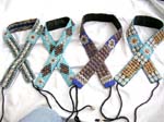 Assorted design blue color seed beads and seashell and coconut wooden button belt with two strings for closure