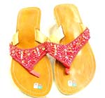 High heel imitation leather flip flops sandal with red shiny beads forming in multi flower pattern