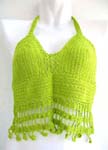 Fashion summer wear green sequin crochet top with dangle and top filigree flower ties at neck and back design 