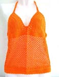 Summer wear crochet top motif fish-net pattern with top ties at neck design in orange color
