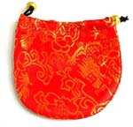 Mini Chinese needle art red silk purse with golden floral design and drawstrings for closure