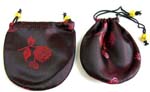 Chinese needle art black silk purse with red rose design and drawstrings for closure