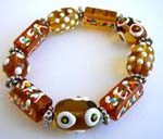 Fashion stretchy brown bracelet with multi color hand-painted Chinese lampwork glass bead and flat silver beads design 