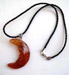 genuine chinese brown  / yellow jade moon shape pendant suspended on twisted black cord necklace 