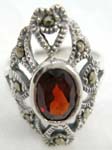  Marcasite stamped sterling silver ring motif in filigree diamond shape with red gemstone inlaid