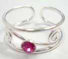 Womens snaky designs sterling silver toe ring with pink crystal