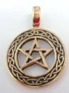 Celtic decorated band circling pentagram on bronze pendant