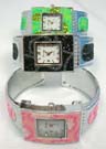 Hip hop fashion watch with colored glitter on rectangle clock frame and bangle bracelet. Comes in an assortment of colors and designs picked randomly by our warehouse staff 