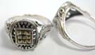 Mens 925. sterling silver fashion ring with emblem style gemstone set in square shape and framed by silver circles