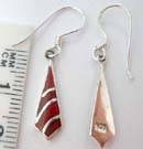 Solid 925. sterling silver fish hookearrings in elongated diamond shape with silver bands across red coral style stone