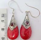Beaded amethyst crystal inlaid in diamond shaped, 925. sterling silver frame of ruby red gem earrings