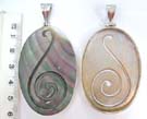 Spiral design etched into seashell gem pendant framed with 925. sterling silver. Comes in an assortment of colors picked randomly by our warehouse staff