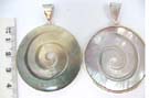 Fashion pendant in 925. sterling silver with round seashell stone etched in spiral design. Comes in an assortment of colors picked randomly by our