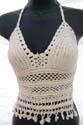 Fringes lady's halted antique white crochet top with mini web pattern design