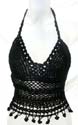 Fringes lady's halted black crochet top with mini web pattern design