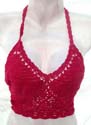 Low v-neck red crochet bra top with handcrafted floral pattern forming in triangle design on bodice, tie on neck and in back