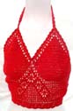 Low v-neck red crochet bra top with handcrafted floral pattern forming in triangle design on bodice, tie on neck and in back 