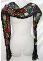 Black crochet needle work scarf with mini rainbow floral along and fringes end design