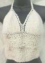 Lady's sexy apparel seashell flower bright linen white crochet top, tie on neck and back